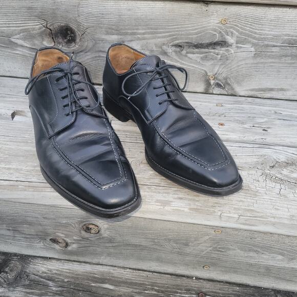 Santoni Black Leather Derby Shoes Mens US Size 8 D Split Toe Contrast Stitching - Picture 1 of 13